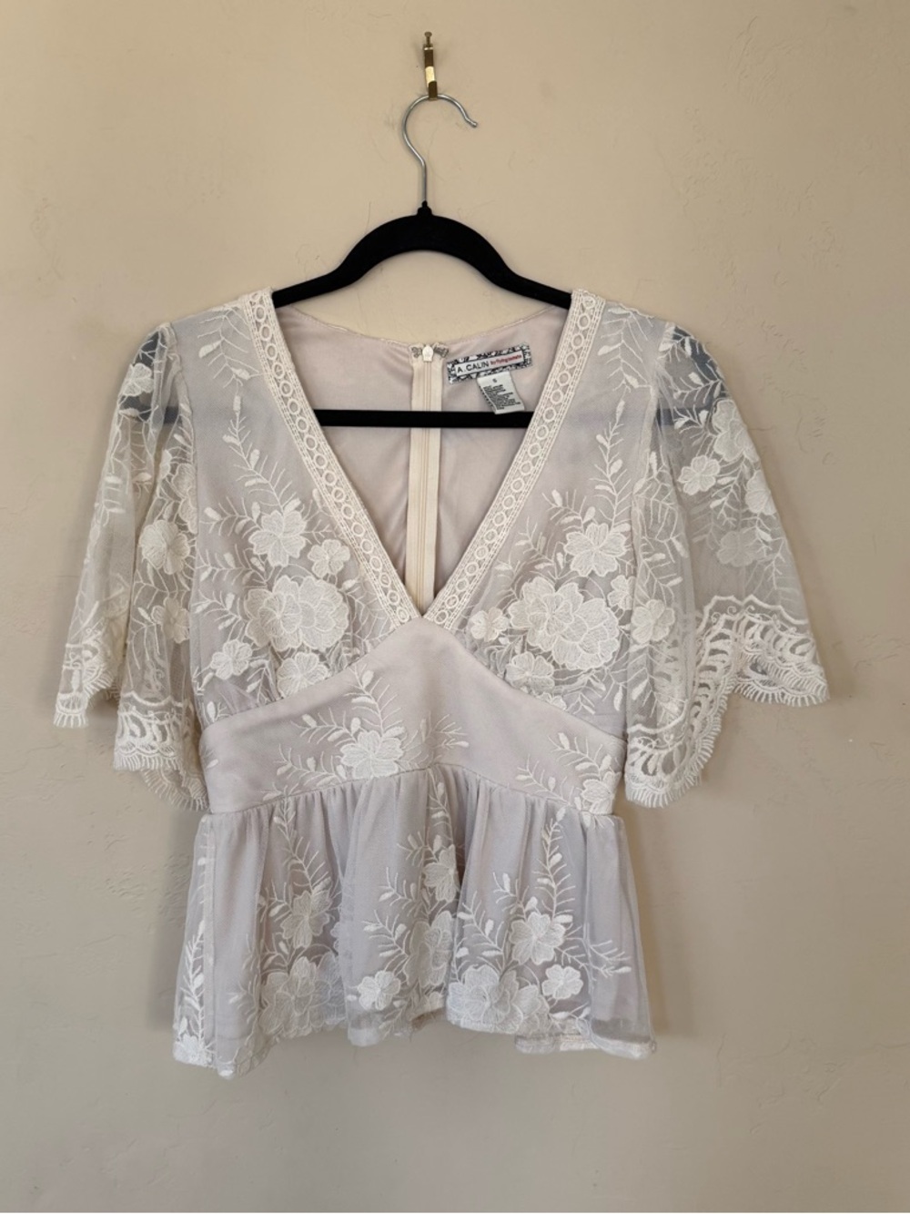 A Calin Lace Peplum Top Boho Cottagecore Sheer Floral Romantic Blouse - Picture 2 of 9